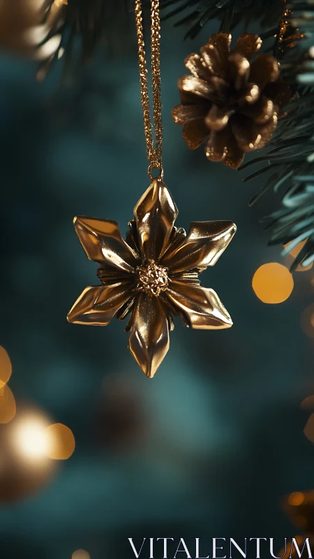 Golden snowflake ornament glows amid soft festive lights.