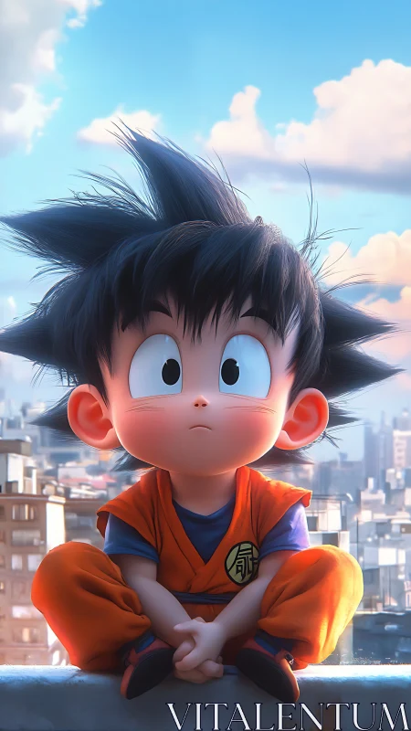 Wide-eyed child warrior gazes over sunlit cityscape.