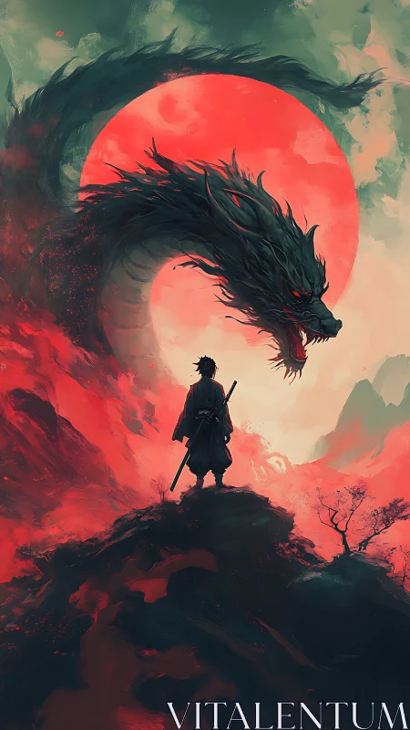 Lone warrior meets a raging dragon beneath a burning moon