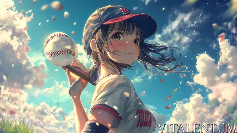 Anime girl holding baseball bat under bright sky.