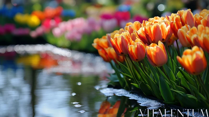 Orange Tulips by Water with Blurred Colorful Garden.