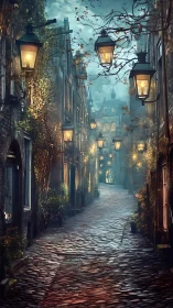Foggy cobblestone alley glows with warm old-world lantern light
