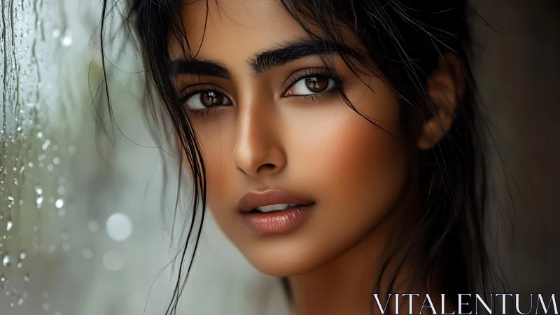 Intense portrait of woman by rain streaked window pane.