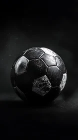 Worn black leather soccer ball in dramatic low key lighting