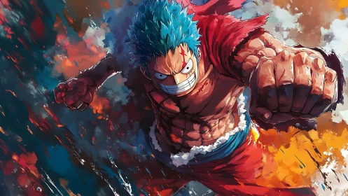 Fierce blue‑haired brawler lunges through blazing paintstorm.