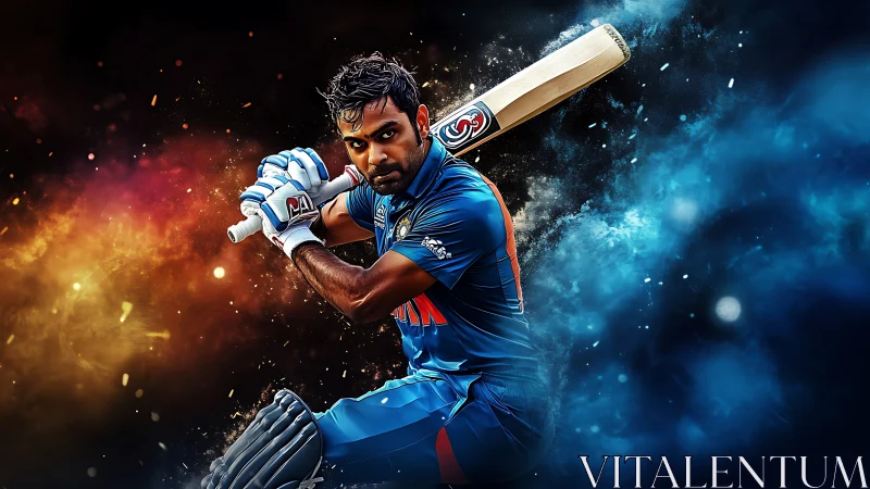 Cricket batsman in mid-swing with contrasting color clouds.