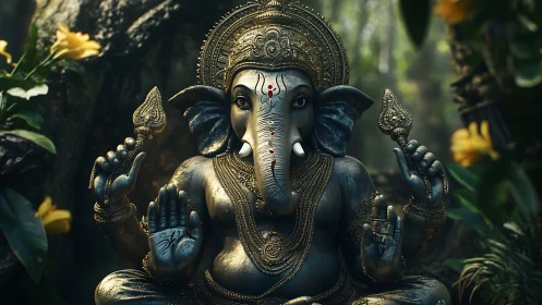 Gentle forest deity in golden light and quiet blossoms.