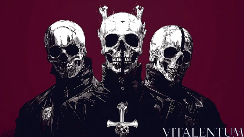 Trio of skeletal clerics in black cassocks, crimson backdrop