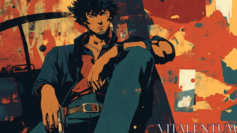 Stoic gunman in teal trench coat amid distressed orange field.