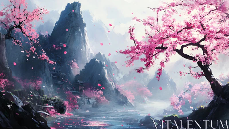 Serene cherry blossom valley rendered as atmospheric digital landscape