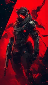 Cyberpunk tactical operative in red high-contrast combat field.