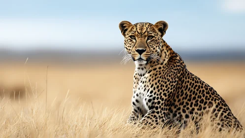 Calm leopard resting in golden savanna grass at midday light.