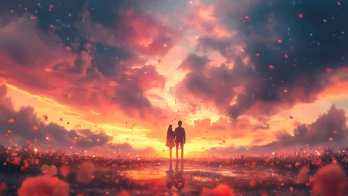 Couple silhouettes in glowing sunset field with reflective water