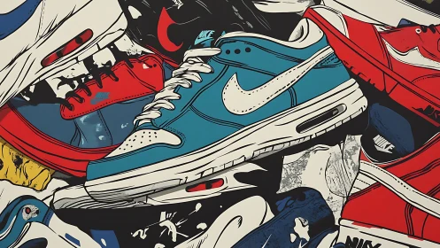 Bold graphic illustration of colorful Nike sneakers collage.