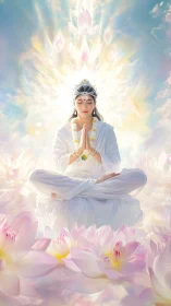 Serene lotus goddess in radiant celestial meditation.