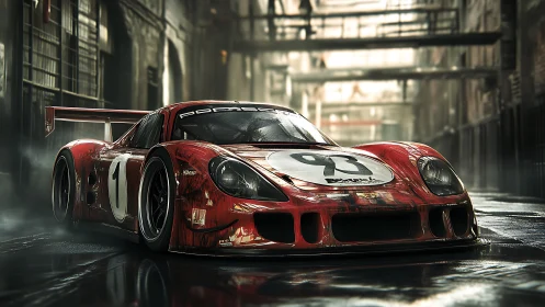 Red endurance race car waits in gritty urban alleyway.
