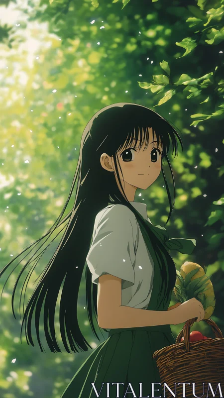 Anime girl in green forest path holding produce basket.