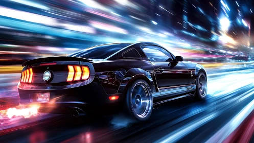 Digital rendering of black sports car on illuminated roadway.