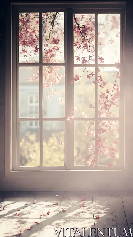 Petal ghosts drift through a sunlit window of quiet spring