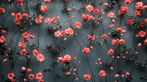 Red and coral carnations suspended against dark teal wall.