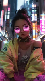 Neon alley dreamer in candy-glass shades and acid jacket.