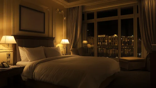 Golden city lights cradling a cozy hotel nightscape.