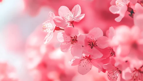 Pink blossoms in soft focus bloom against gradient haze.