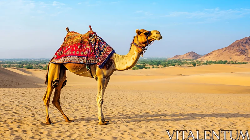 Decorated desert camel under vivid blue sky panorama.
