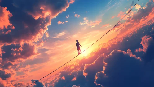 Sunset tightrope dreamscape with a lone sky wanderer.