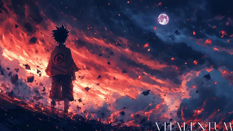 Lone anime wanderer watching a burning storm sky ignite.