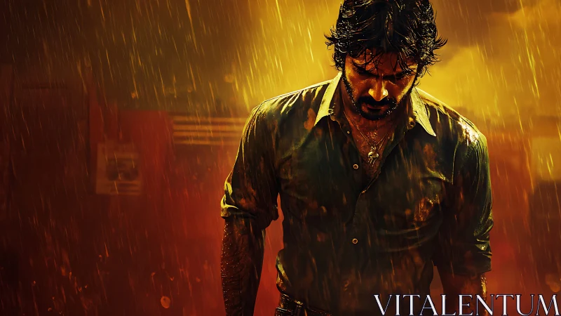 Soaked man in heavy rain under intense golden lighting.