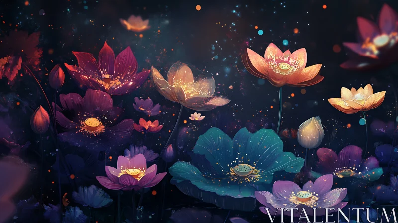 Luminous lotus blooms floating in cosmic darkness