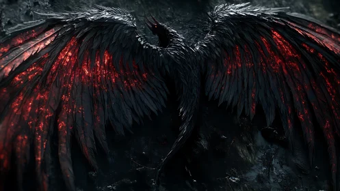 Dark winged creature with glowing red ember feathers.
