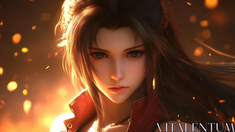 Firelit warrior gaze amid drifting embers and dusk glow.