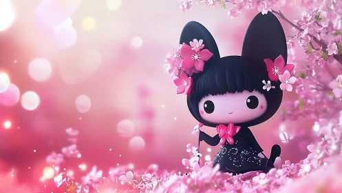Blossom-kissed kitty doll wandering through pastel spring.