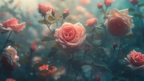 Dreamlit rose garden drifting in soft morning glow.