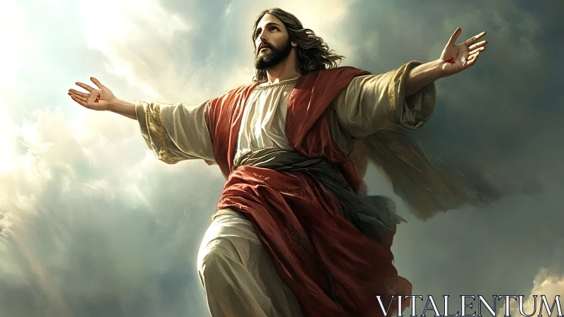 Figure in red and white robes rises upward with open arms