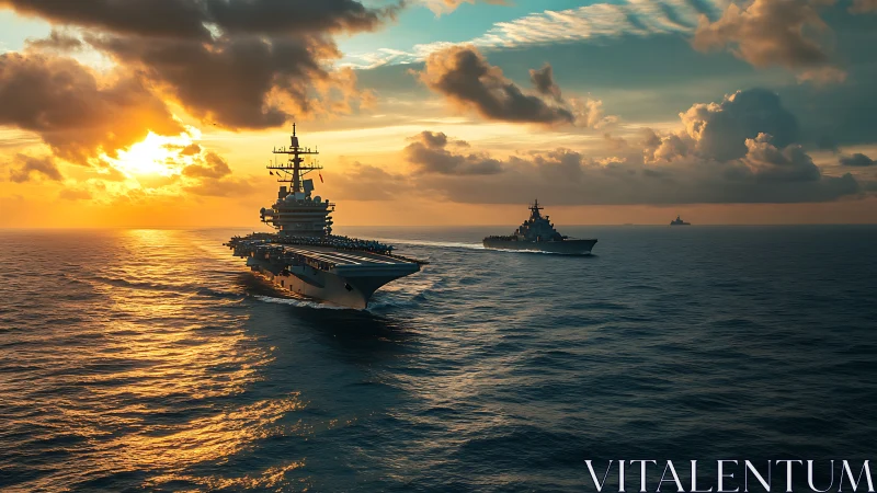 Sunlit warships glide like steel constellations across dusk seas