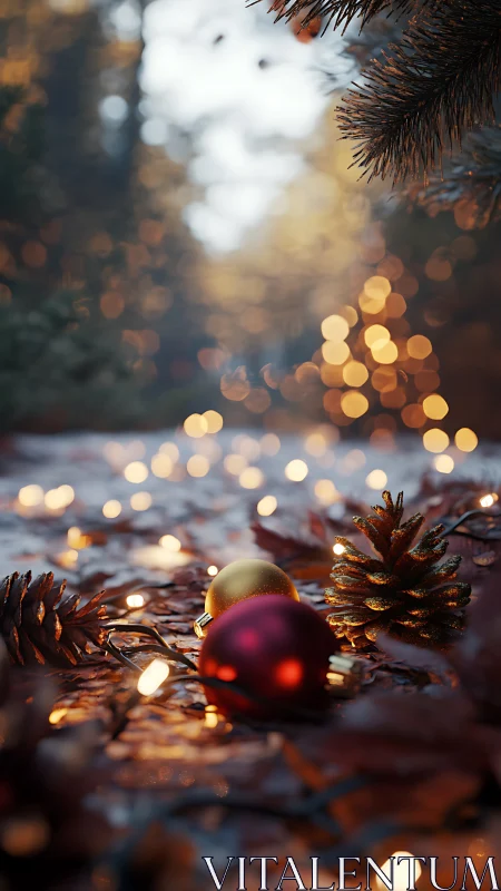 Christmas ornaments and lights on forest floor at dusk.