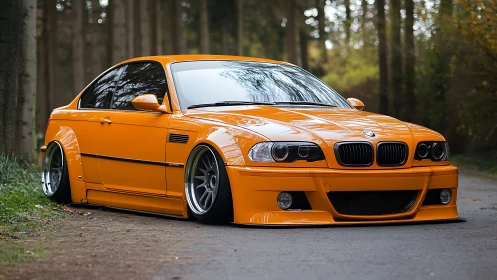 Orange BMW coupe with modified stance parked on forest road.