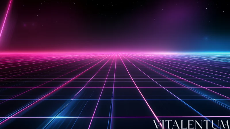 Neon grid horizon under starry night sky in retro style.