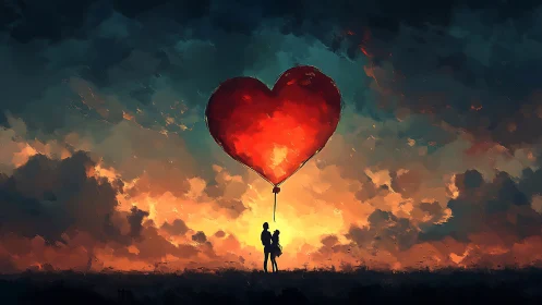Silhouetted Figure Holding Radiant Crimson Heart Balloon at Sunset.