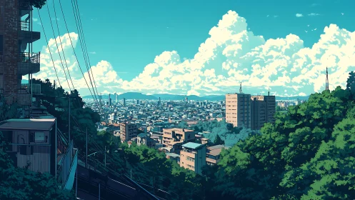 City hillside view under expansive summer sky.