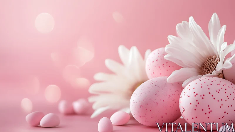 Soft pink speckled eggs and white blooms in gentle light.