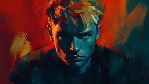 Brooding male portrait glows against vivid orange teal field