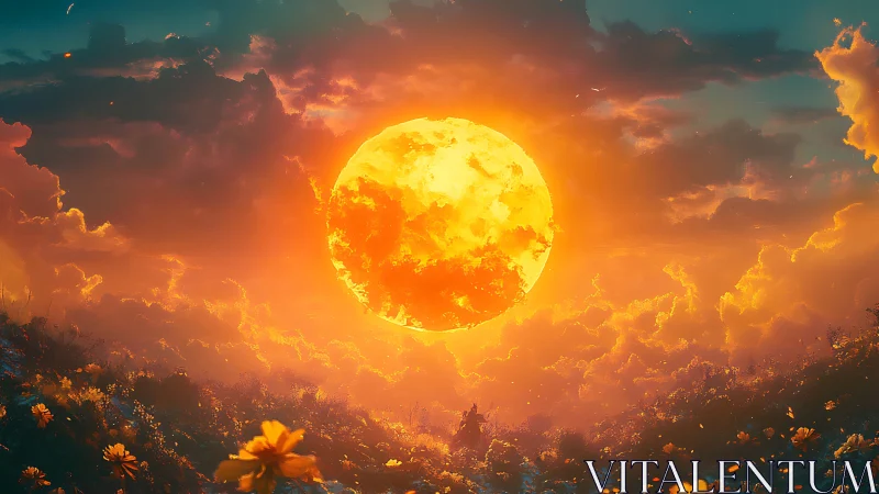 Surreal blazing sun over wildflower valley at dusk.