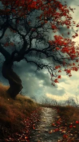 Storm-bent autumn tree guards a winding ember-lit forest path