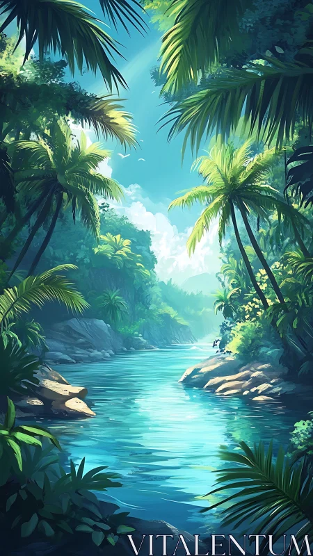 Tropical river cutting through dense palm forest canopy.