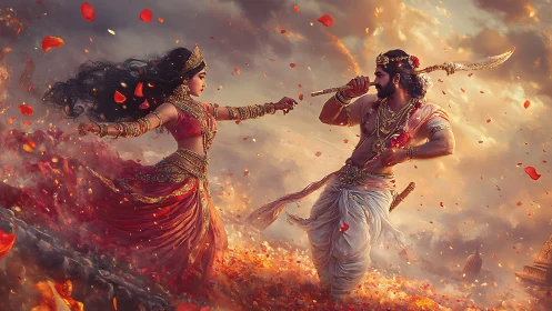 Mythic warriors duel amid volumetric clouds and dynamic petals