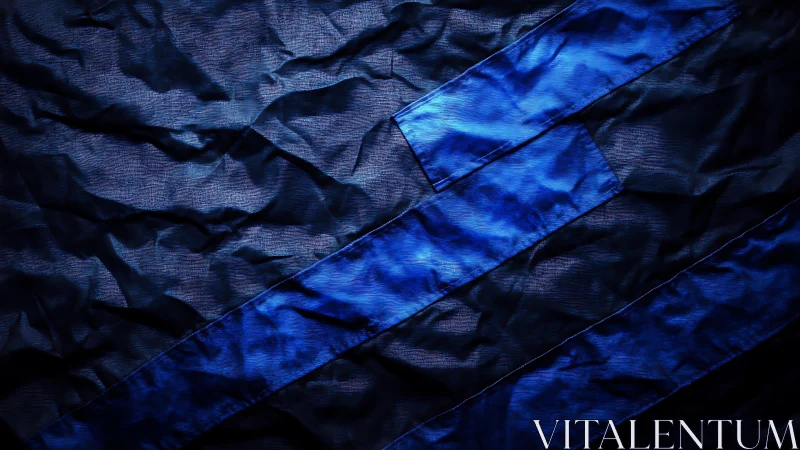 Diagonal blue textile bands intersect across crumpled fabric